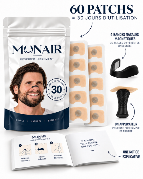 Le contenu du pack Monair : 60 patchs, 4 bandes nasales magnétiques, un applicateur et une notice.